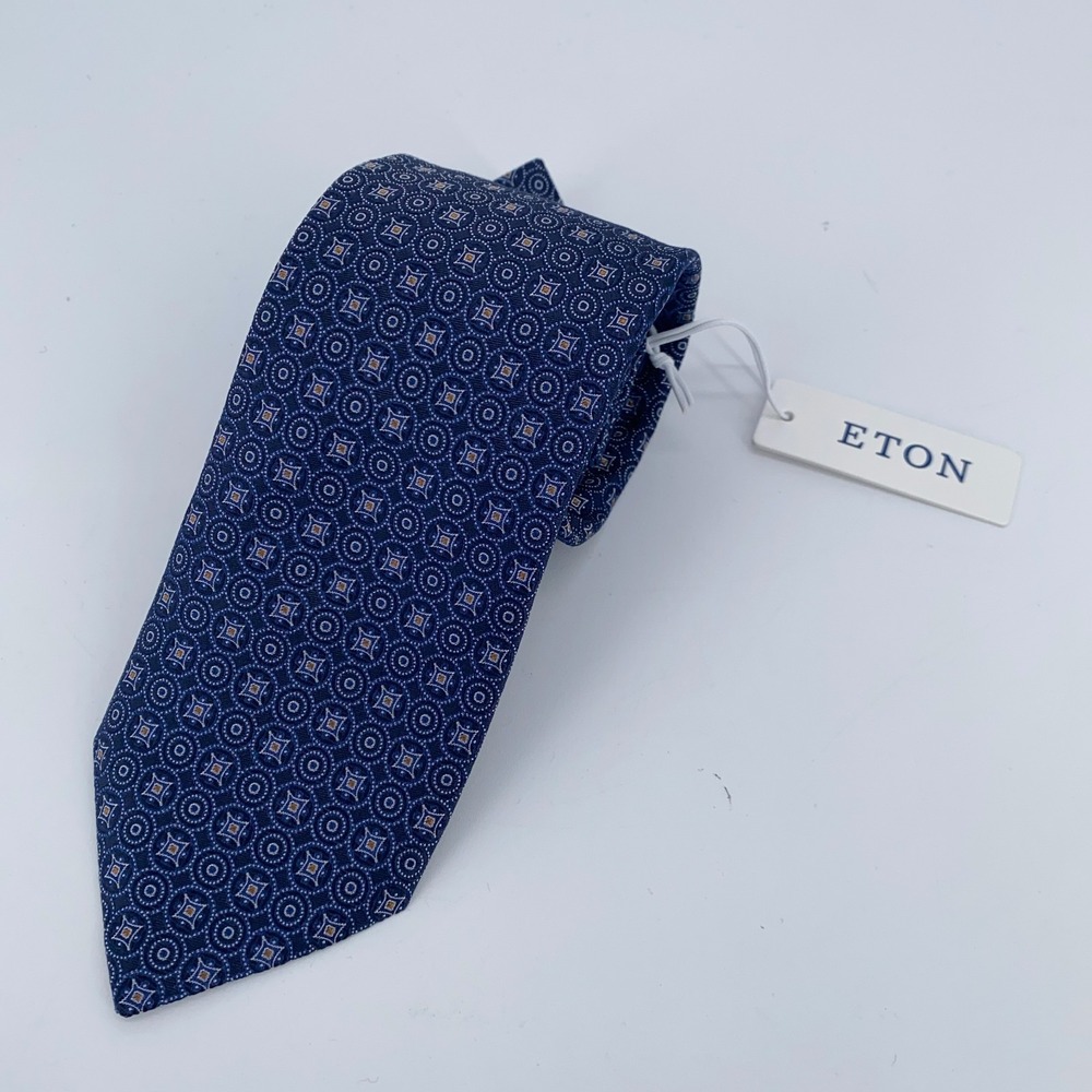 Eton Tie Mens One Size Blue Patterned Silk Classic Fit Necktie Italy Made NWT